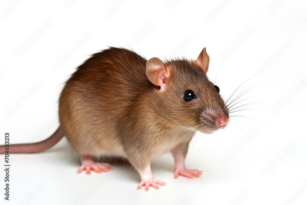 A brown rat standing on a white surface. Laboratory animal, testing model for research.