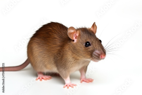 A brown rat standing on a white surface. Laboratory animal, testing model for research.