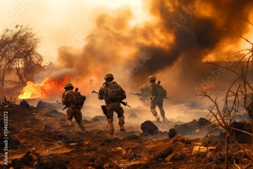 Military soldiers with weapons run on fire during the war