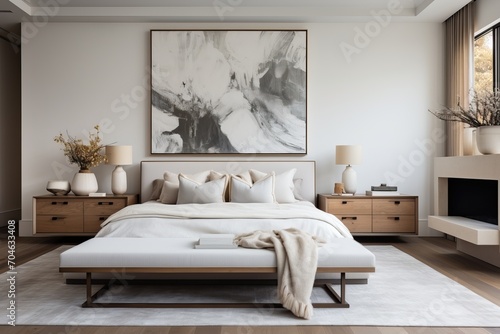 Bedroom featuring a spacious bed with a clean, uncomplicated design and neutral bedding for a touch of understated elegance. © Idressart