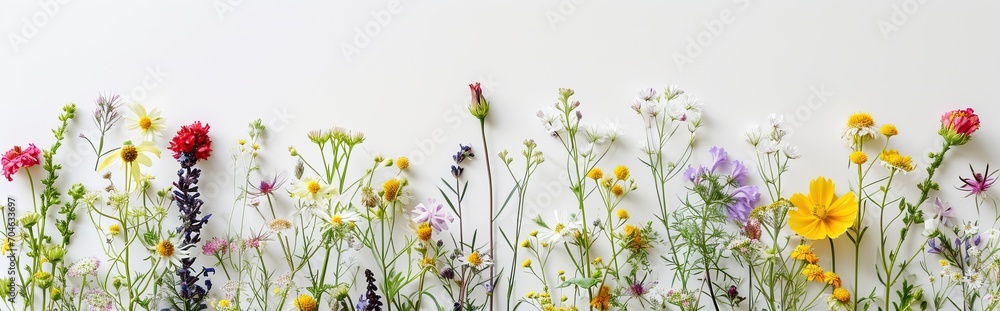 Fototapeta premium Collection of mixed wildflowers on white background. Copy space