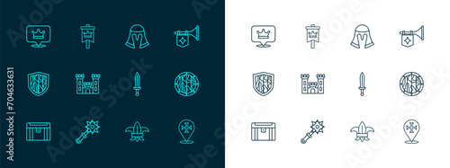 Set line Trumpet with flag, Mace spikes, Medieval sword, Fleur de lys lily flower, Castle, helmet, King crown and icon. Vector