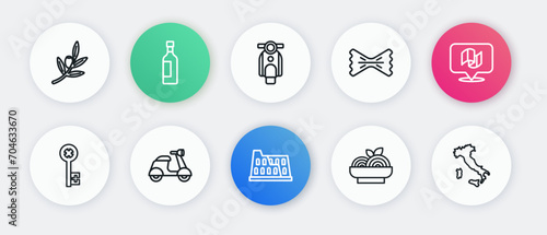 Set line Coliseum, Flag Italy, Old key, Pasta spaghetti, Macaroni, Scooter, Map of and icon. Vector