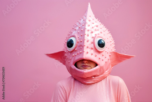 Woman wearing surreal strange fish mask on pink background photo