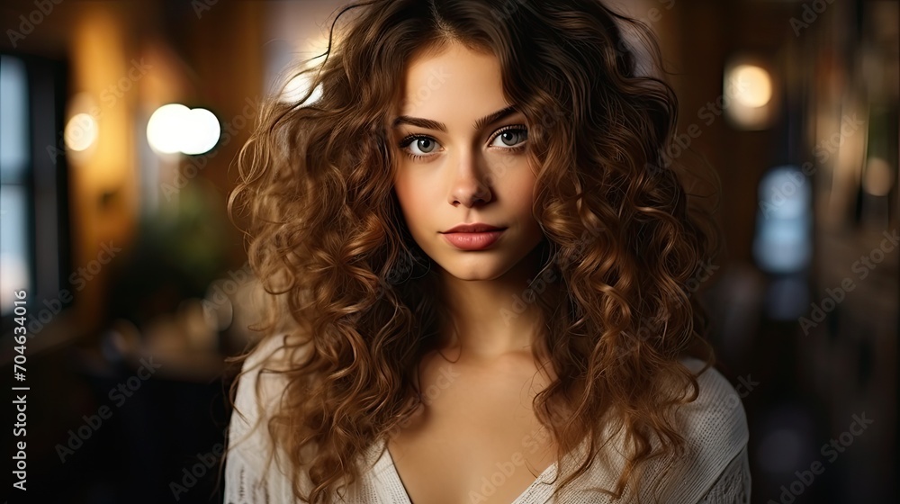 A beautiful young model showcasing her perfectly styled curly hair. Her stunning features and confident expression make for an eye-catching portrait A beautiful young model showcasing her perfectly styled curly hair. Her stunning features and confident expression make for an eye-catching portrait