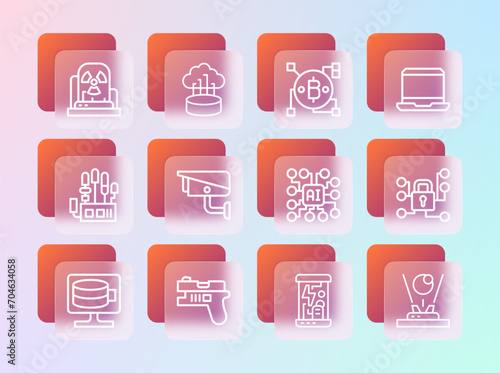 Set line Laptop, Futuristic weapon, Neural network, Cryogenic capsules, Security camera, Blockchain technology Bitcoin, Radioactive warning lamp and Network cloud connection icon. Vector