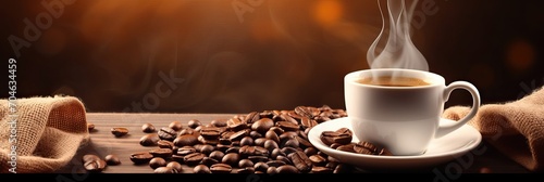 Cup of hot coffee with coffee beans on brown background.Long photo banner for website header design with copy space. Cafe menu concept idea background.