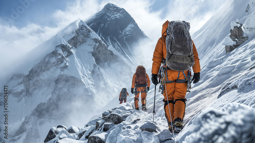 Witness the solitary journey of a determined climber ascending towards the majestic peak of Everest mountain. Ai generated