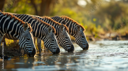 A serene moment captured in nature as zebras gracefully gather to drink water showcasing the beauty of wildlife in their natural habitat. Ai generated