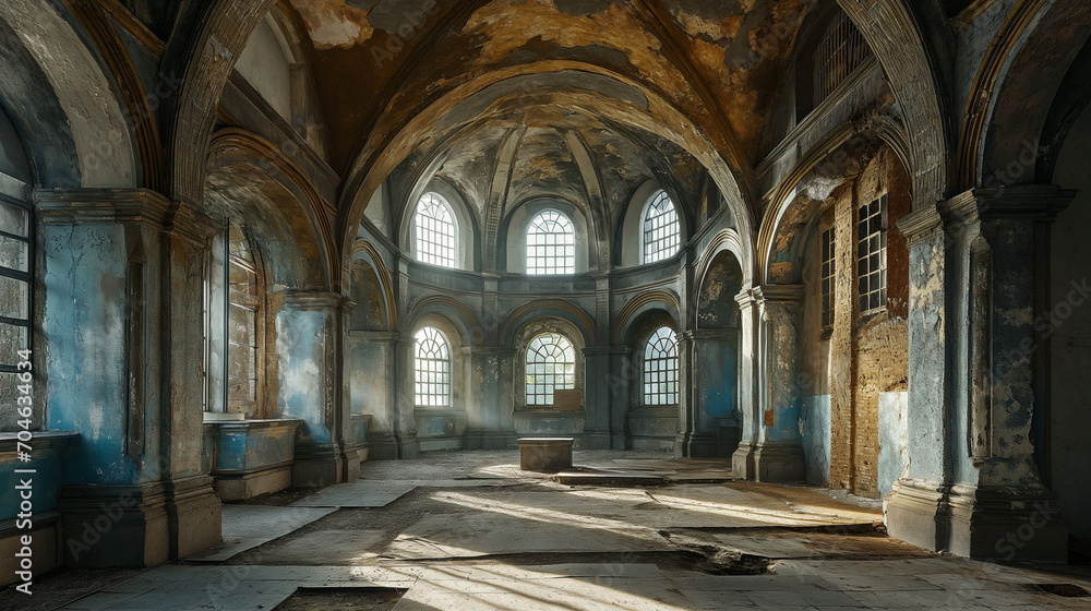 Explore the haunting beauty of a forgotten era with stunning architectural photography capturing the essence of an abandoned castle interior. Ai generated