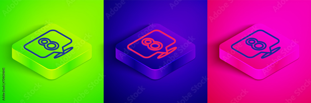 Isometric line 8 March icon isolated on green, blue and pink background. International Happy Women Day. Square button. Vector Isometric line 8 March icon isolated on green, blue and pink background. International Happy Women Day. Square button. Vector