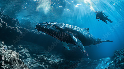 An awe inspiring underwater moment captured featuring a scuba diver encountering the majestic presence of a humpback whale in the deep blue ocean. Ai generated © dragomirescu