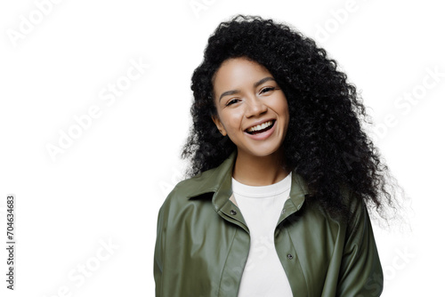 Smiling woman in green jacket over white top, white transparent  background #704634683
