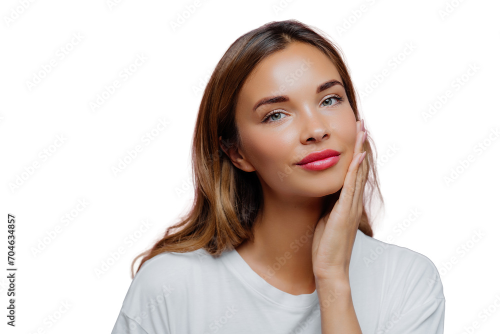 Contemplative woman with hand on cheek, white tee, white transparent background Contemplative woman with hand on cheek, white tee, white transparent background