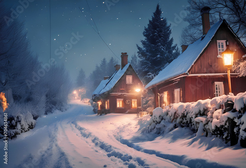 Krajobraz zimowy nocą. Zaśnieżona ulica z wiejskimi domami. światło z lamp photo