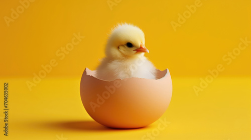 A small chicken sitting inside of an egg shell.