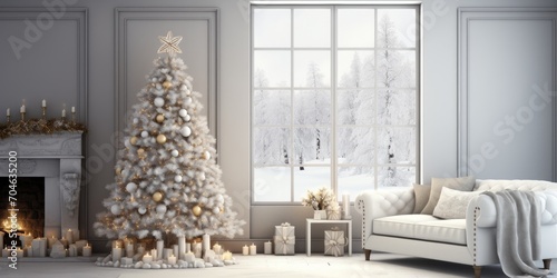 Scandinavian minimalist Christmas living room interior.