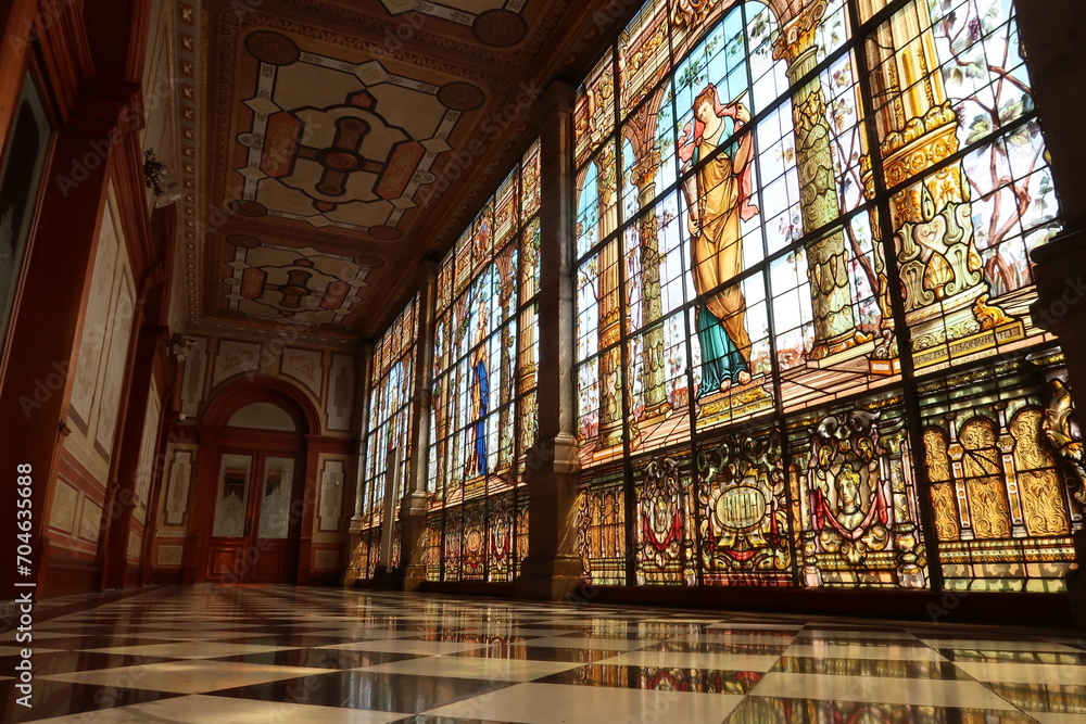 An entire hallway full of stained glass windows at the Chapultepec Castle/Castillo de Chapultepec, Mexico City