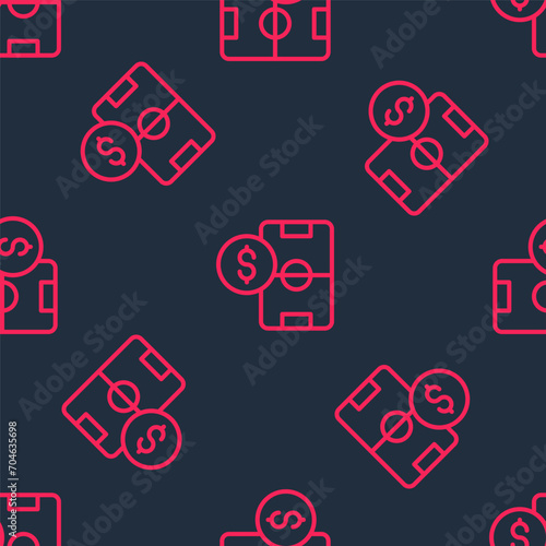 Red line Soccer football betting money icon isolated seamless pattern on black background. Football bet bookmaker. Soccer betting online make money. Vector