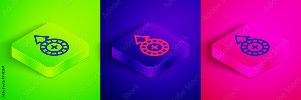 Isometric line Casino chips icon isolated on green, blue and pink background. Casino gambling. Square button. Vector Isometric line Casino chips icon isolated on green, blue and pink background. Casino gambling. Square button. Vector