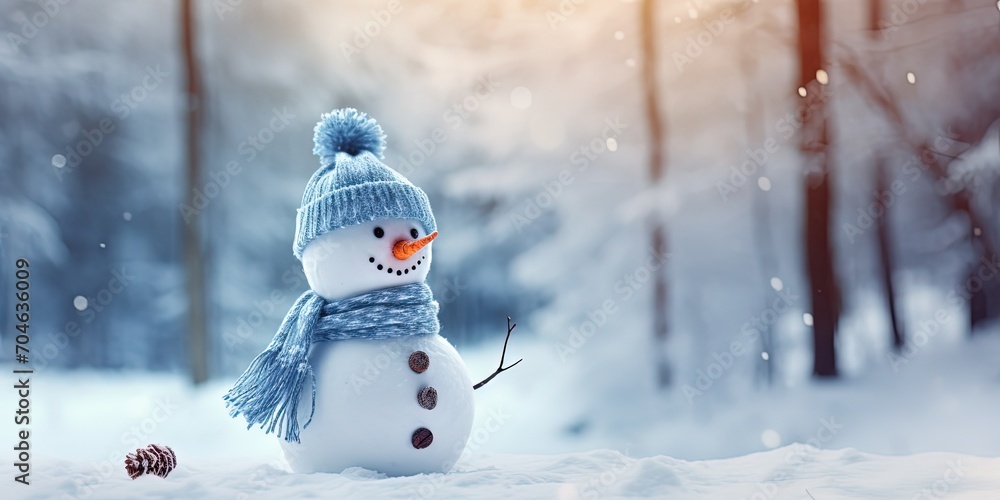 Little snowman in blue and light knitted scarf and hat,snowy and Christmas mood