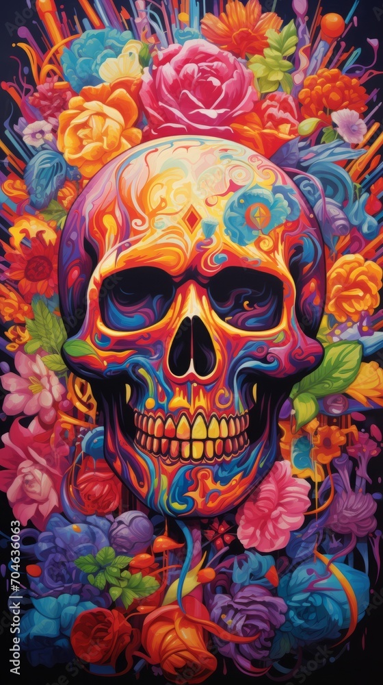 A Vibrant Skull Adorned with Colorful Flowers