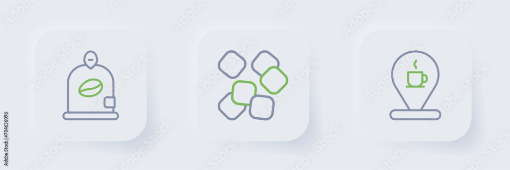 Set line Location with coffee cup, Sugar cubes and Bag beans icon. Vector Set line Location with coffee cup, Sugar cubes and Bag beans icon. Vector