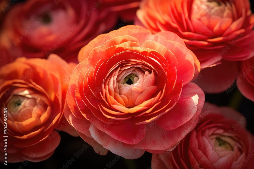 Fototapeta premium Beautiful floral background. Close up top view of coral pink ranunculus flowers