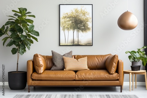 Brown leather sofa in a living room with plants © duyina1990