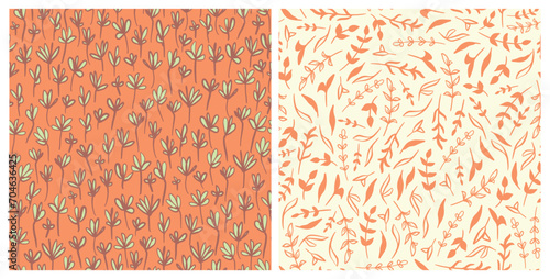 Apricot crush botanical seamless repeat pattern. Bundle of hand drawn, vector flowers, herbs, leaves, plants all over surface print aop on orange background.