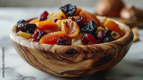 Wooden bowls with dried fruits and nuts on the table, closeup