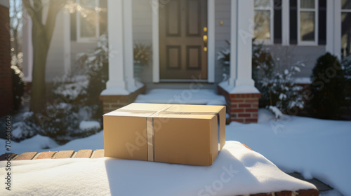 Delivered parcel box on door mat near winter snow entrance. Christmas online shopping. Black Friday sale.