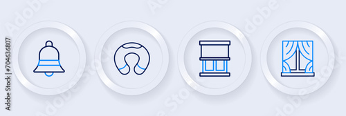 Set line Window with curtains, Travel neck pillow and Ringing bell icon. Vector