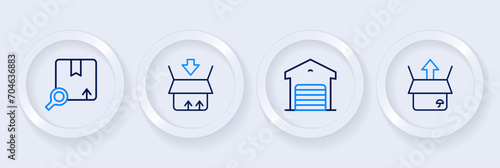 Set line Unboxing, Warehouse, Carton cardboard and Search package icon. Vector