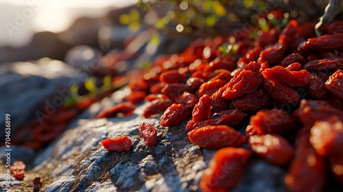 Dried goji berries on a stone. Selective focus. photo
