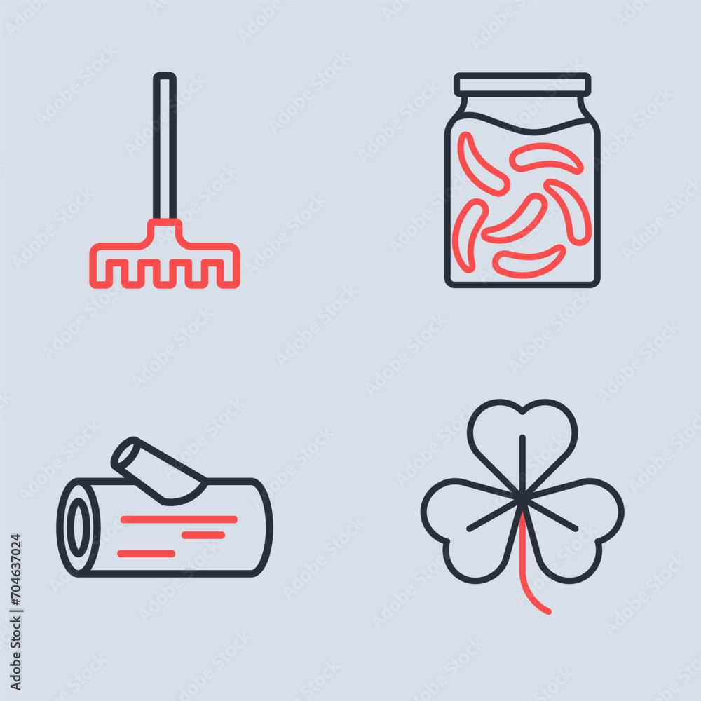 Set line Pickled cucumbers in a jar, Wooden log, Clover and Garden rake icon. Vector Set line Pickled cucumbers in a jar, Wooden log, Clover and Garden rake icon. Vector