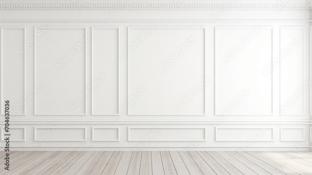 Empty white panelling wall background, classical design, with light colored floors. Mock up - obrazy, fototapety, plakaty 