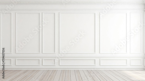 Empty white panelling wall background, classical design, with light colored floors. Mock up photo