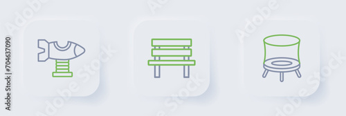 Set line Jumping trampoline, Bench and Swing plane icon. Vector