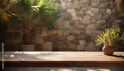 Empty wooden table over stone wall with palm tree shadow background. Mockup for product branding, presentation design and product demonstration. © Juli Puli