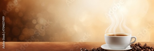 Cup of hot coffee with coffee beans on brown background.Long photo banner for website header design with copy space. Cafe menu concept idea background.