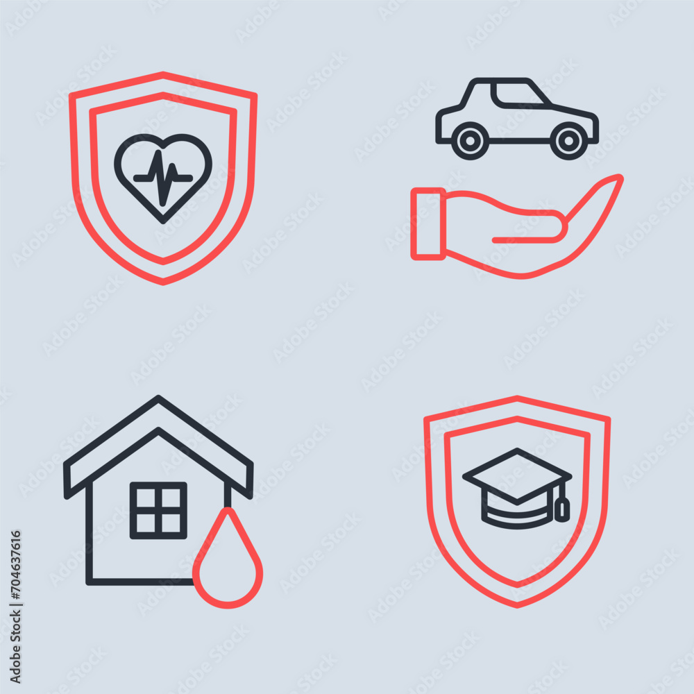 Set line Car insurance, House flood, Graduation cap with shield and Life icon. Vector Set line Car insurance, House flood, Graduation cap with shield and Life icon. Vector