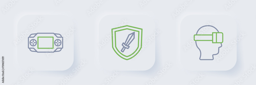 Set line Virtual reality glasses, Sword for game and Portable video console icon. Vector Set line Virtual reality glasses, Sword for game and Portable video console icon. Vector