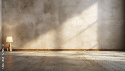 Concrete background with sunlight in a loft. Empty concrete wall with wooden floor for design.