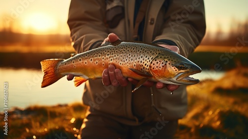 Brown Trout Fish Caught by an Angler at Sunset photo