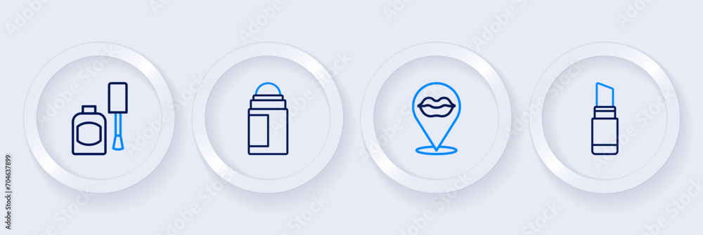 Set line Lipstick, Smiling lips, Deodorant roll and Bottle of nail polish icon. Vector Set line Lipstick, Smiling lips, Deodorant roll and Bottle of nail polish icon. Vector