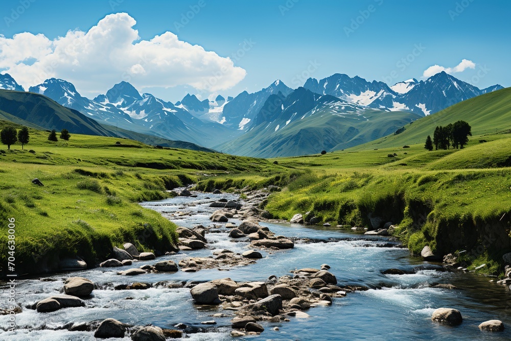 Alpine valley with river and snow capped mountains in distance