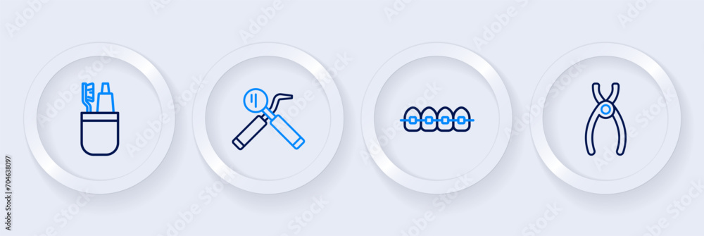 Set line Dental pliers, Teeth with braces, mirror and probe and Toothbrush toothpaste icon. Vector Set line Dental pliers, Teeth with braces, mirror and probe and Toothbrush toothpaste icon. Vector
