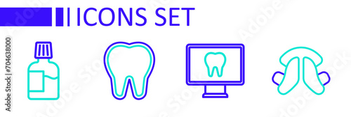 Set line Dental tooth plate, Online dental care, Tooth and Mouthwash icon. Vector