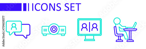 Set line Freelancer, Video chat conference, Movie, film, media projector and Speech bubble icon. Vector